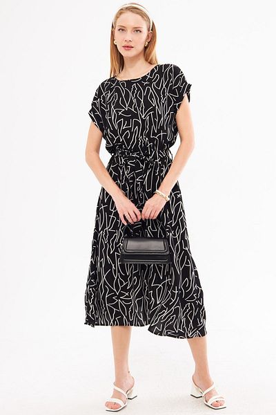 armonika Black and White Print Dress - Elastic Waist, Tie-Up ARM-22Y001044