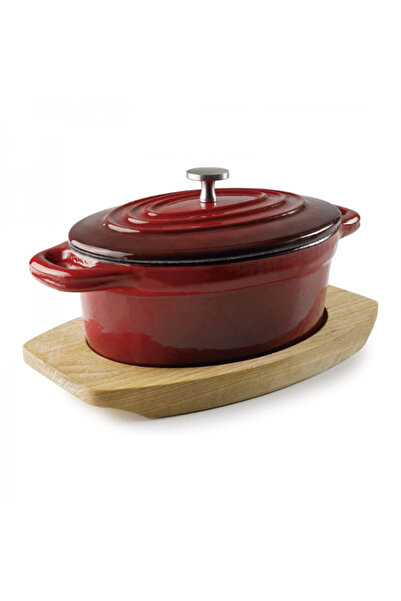 Lacor Red oval cast iron pot with lid and wooden stand, Magma Red, 400 ml