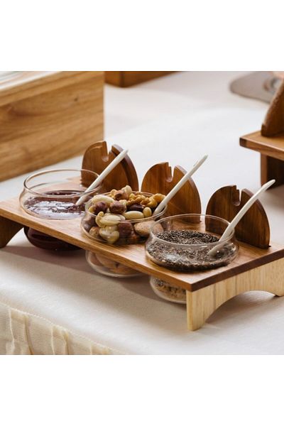 LEONE Set 3 recipiente pentru dulceata si miere cu suport din lemn, Sweet Buffet