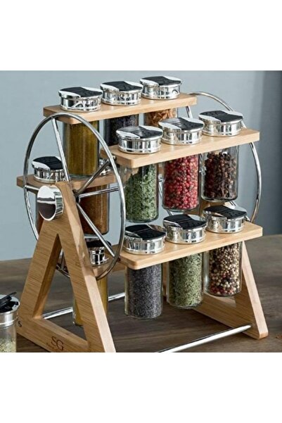FİVE Set of 15 spice containers and rotating bamboo stand, 16x30 cm