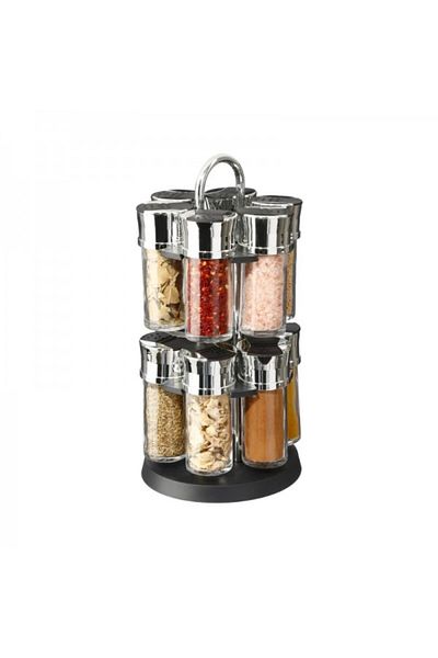 Secret de Gourmet Set 12 recipiente pentru condimente cu ingrediente incluse si suport rotativ, 16x30 cm
