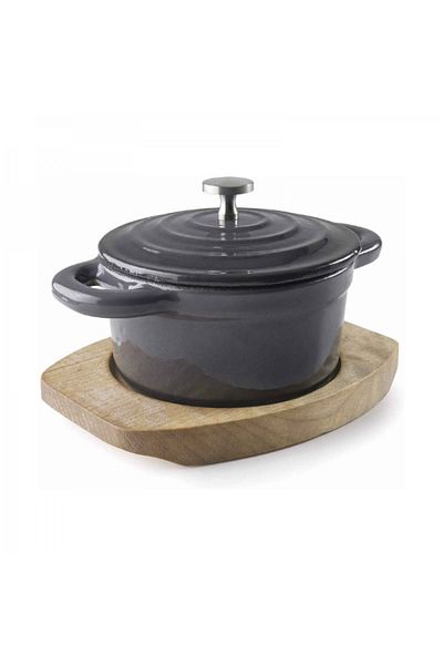 Lacor Round grey cast iron pot with lid and wooden stand, Magma Grey, 200 ml