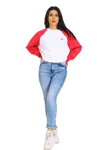 Tam12den Home Pink and White Women's Crop Sweatshirt - Cherry Pattern