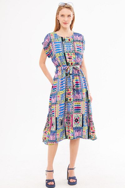 armonika Pink Patterned Women's Dress - Elastic Waist, Tie-Up ARM-22Y001044
