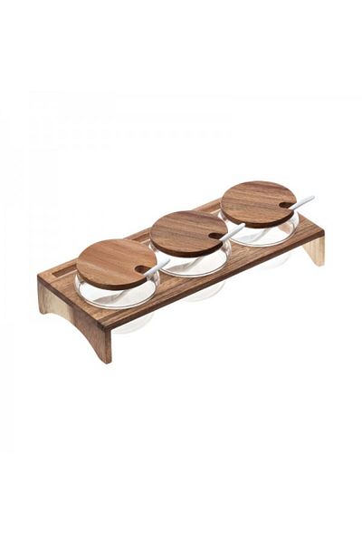 LEONE Set 3 recipiente pentru dulceata si miere cu suport din lemn, Sweet Buffet