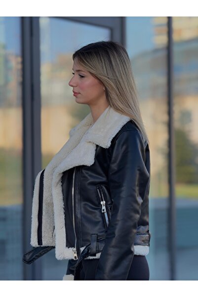 MODAEMAS Dámský kožený kabát s dvouřadým zapínáním a klopami