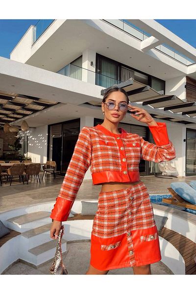 1Moda1Tarz Women's Imported Leather&Tweed Fabric Buttoned Checked Lined Special Design Top and Bottom Set