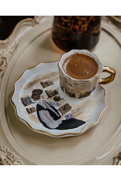 Store كوب قهوة تركي بتصميم خاص مرسوم يدويًا للنساء لقراءة الكتب (قطعة واحدة)