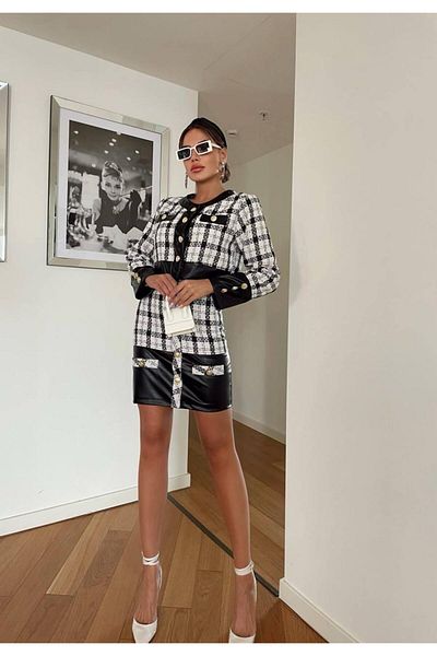 1Moda1Tarz Women's Imported Leather&Tweed Fabric Buttoned Checked Lined Special Design Top and Bottom Set
