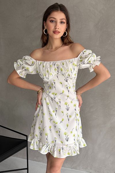 Rabi Shine Rabi̇ Shine Green Flower Patterned Dress with Low Shoulder