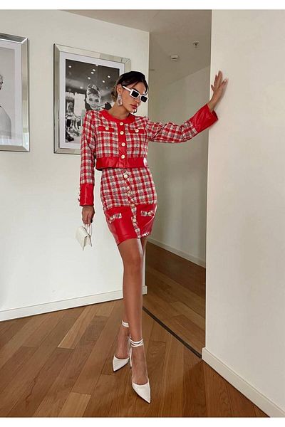 1Moda1Tarz Women's Imported Leather&Tweed Fabric Buttoned Checked Lined Special Design Top and Bottom Set