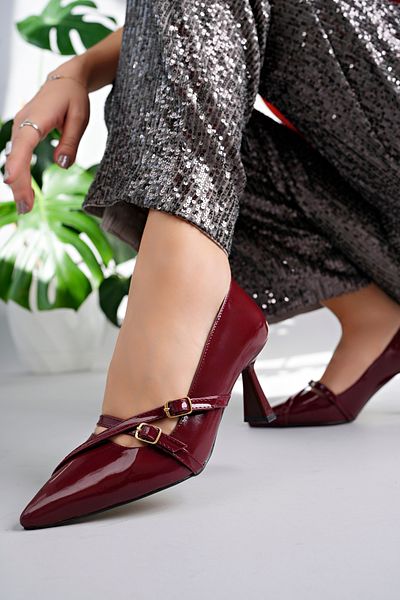 MARSHETTA Stiletza Model Women's Burgundy Patent Leather Buckle Detailed Pointed Toe Stiletto Heeled Shoes