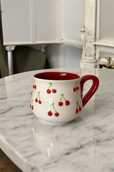 Home Kiraz Desenli Kupa Küçük Kırmızı Kiraz Duble Kahve Fincanı Çini Seramik El Yapımı Kupa Bardak