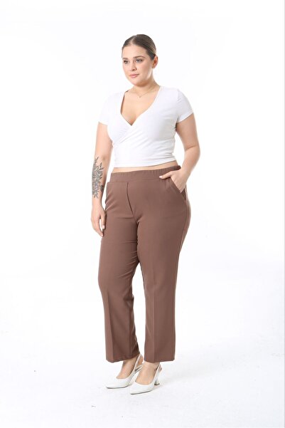 Şans Women's Plus Size Sütlükkahve Waist Full Rubber Pocket Fabric Pants 65N38733