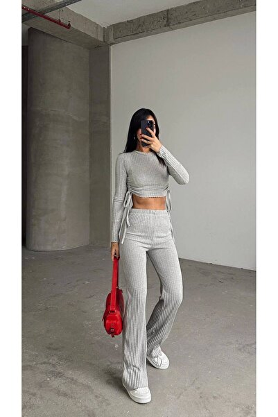 LOVELYSTORE طقم قميص قصير مضلع بحبل جانبي باللون الرمادي مقاس قياسي