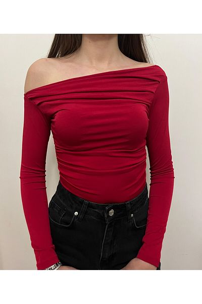 peri tower Women's Red Draped Collar Gather Detailed Blouse