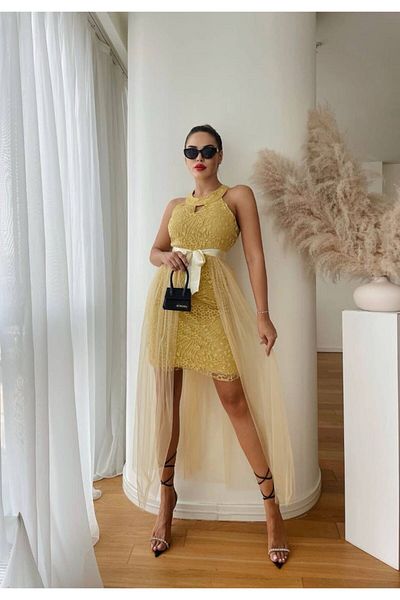 1Moda1Tarz Γυναικείο φόρεμα ειδικής σχεδίασης από εισαγόμενο ύφασμα με μοτίβο κεντήματος με λεπτομέρεια από τούλι και φόδρα με ζώνη