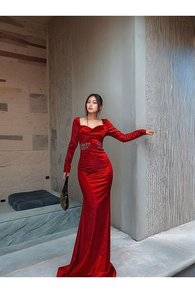 Trendusfashion Rochie de seara cu maneca lunga din catifea pentru femei