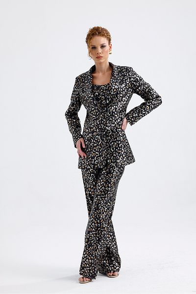 Sense Black Gold Leopard Evening Dress Set - Jacket Pants Bustier Tk34264 Set of 3