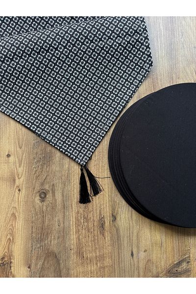 HALFART Runner din in cu model trifoi negru și set de 6 supla negre