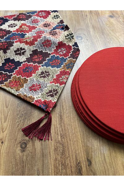 HALFART Set of 6 Tile Plates - Kilim Patterned Duck Linen Runner