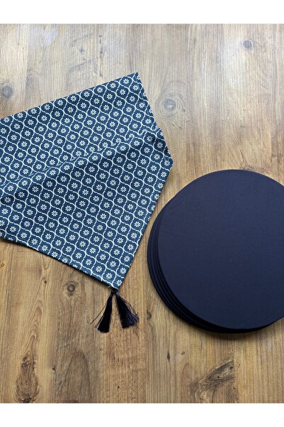 HALFART Lacivert Moroccan Yonca Duck Keten Runner ve 6'lı Lacivert Supla Seti