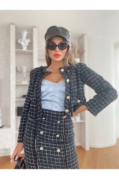 1Moda1Tarz Women's Imported Tweed Fabric Checked Pattern Button Detailed Lined Bottom-Top Suit