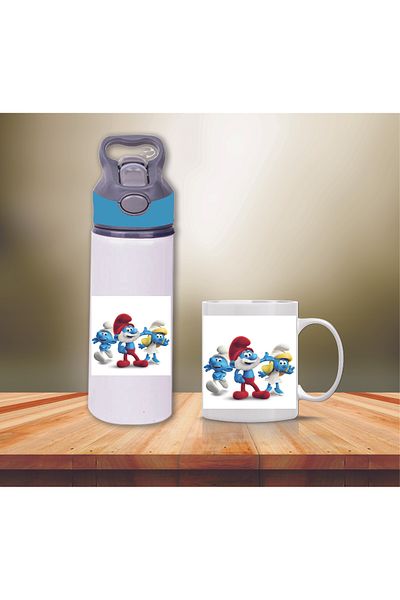 DKDZ SHOP Smurfs Printed Metal Water Bottle with Straw and Mug Cup-0029