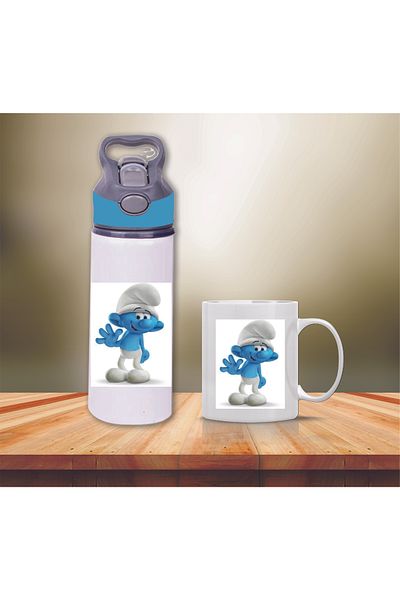 DKDZ SHOP Smurfs Printed Metal Water Bottle with Straw and Mug Cup