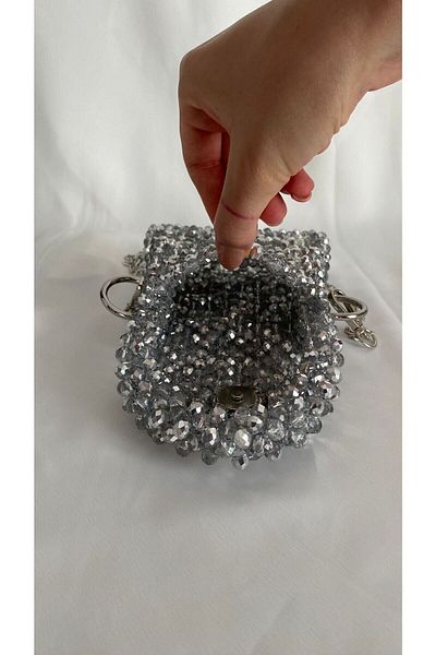 GÜLSEMALİ Silver Color Medium Size Crystal Bead Bag