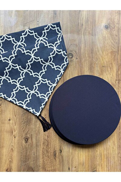 HALFART Lacivert Moroccan Duck Keten Runner ve 6'lı Lacivert Supla Seti