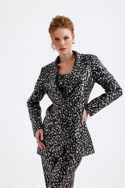 Sense Black Gold Leopard Evening Dress Set - Jacket Pants Bustier Tk34264 Set of 3