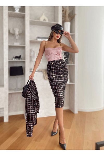 1Moda1Tarz Women's Imported Tweed Fabric Checked Pattern Button Detailed Lined Bottom-Top Suit