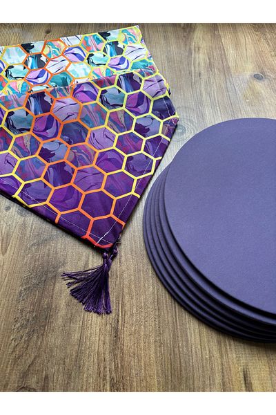 HALFART Modern Hexagon Patterned Duck Linen Runner and 6-Piece Lilac Plates Set