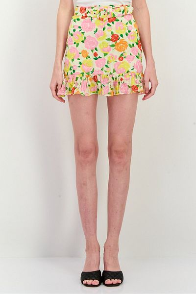 MANGO Woman Women Floral Print Flounce Mini Skirt, Yellow