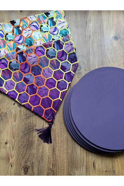 HALFART Modern Hexagon Patterned Duck Linen Runner and 6-Piece Lilac Plates Set