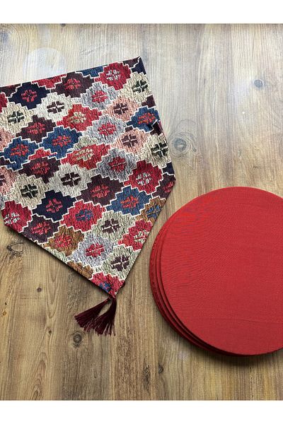 HALFART Set of 6 Tile Plates - Kilim Patterned Duck Linen Runner