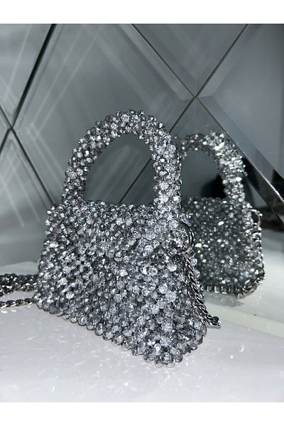 GÜLSEMALİ Women's Silver Crystal Beads Bag