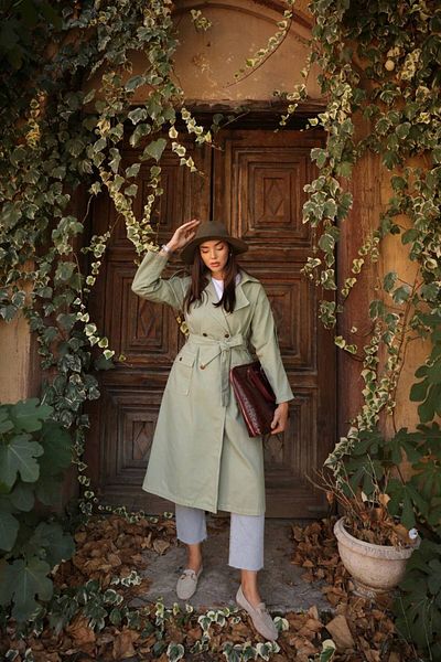 Magazin Trench lung din denim din gabardină, cu guler dublu, cu curea