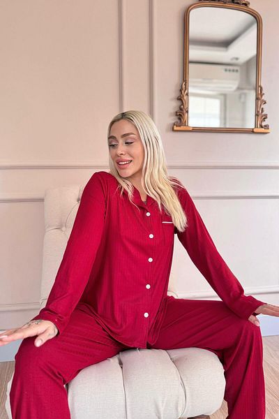 Pijamaevi Set pijama pentru femei cu mânecă lungă, cu nasturi în față, Burgundy Dublin