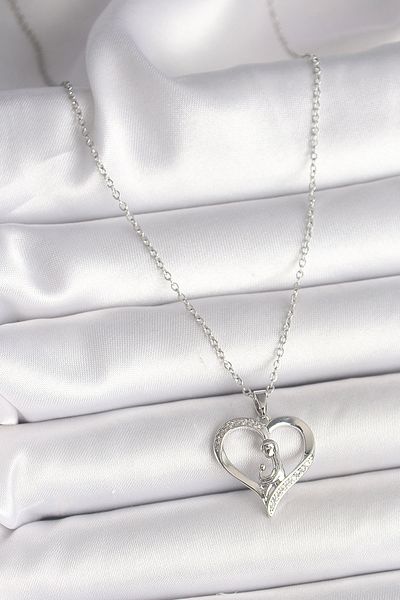 Store 316L Steel Silver Color Chain Zircon Stone Detailed Heart Model Women's Necklace