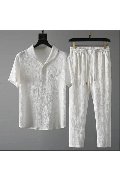 stawles wear Wrapped Crinkle Fabric Summer Lycra Unisex Women Men Short Sleeve T-Shirt Sweatpants Set