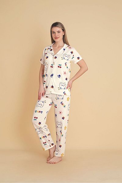 Yerli Women &Apos; S Pajama Kit with Cat Print - Front Button