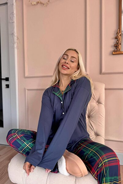 Pijamaevi Темно-синій плед з візерунком бамбука з довгими рукавами жіноча піжама