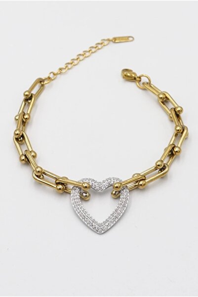 El Major T.Model Chain Zircon Stone Heart Detail Gold Steel Bracelet