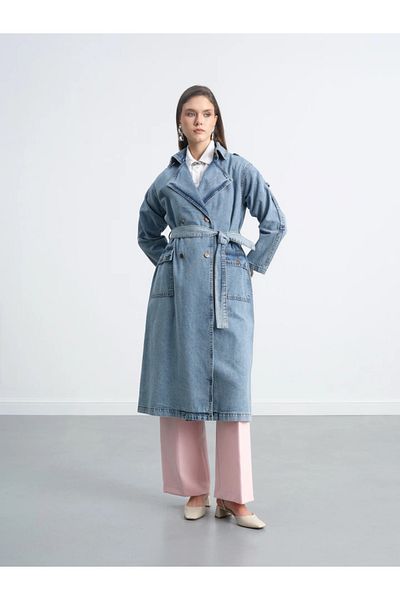 Magazin Epaulette Shoulder Detail Double Breasted Neckline Belted Denim Long Gabardine Trench Coat