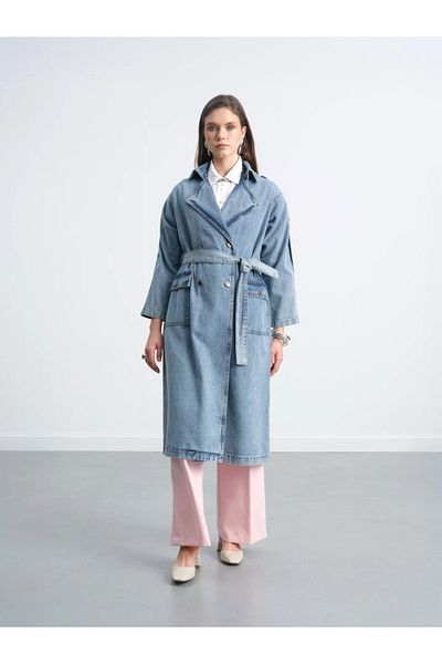 Magazin Epaulette Shoulder Detail Double Breasted Neckline Belted Denim Long Gabardine Trench Coat