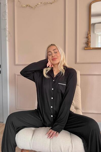 Pijamaevi Μαύρο Σετ γυναικεία πιτζάμα με μακρυμάνικο μπροστινό κουμπί Dublin