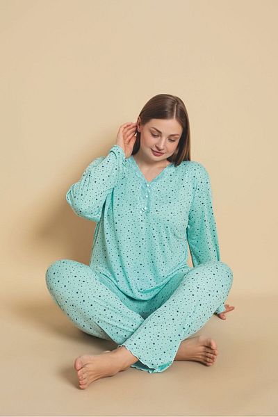 Sude Women's Bamboo Pajamas Set - Long Sleeve, Three-Button Collar, Guipure Detail