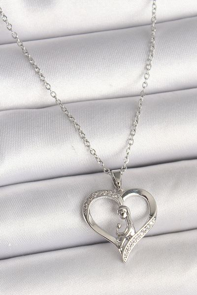 Store 316L Steel Silver Color Chain Zircon Stone Detailed Heart Model Women's Necklace